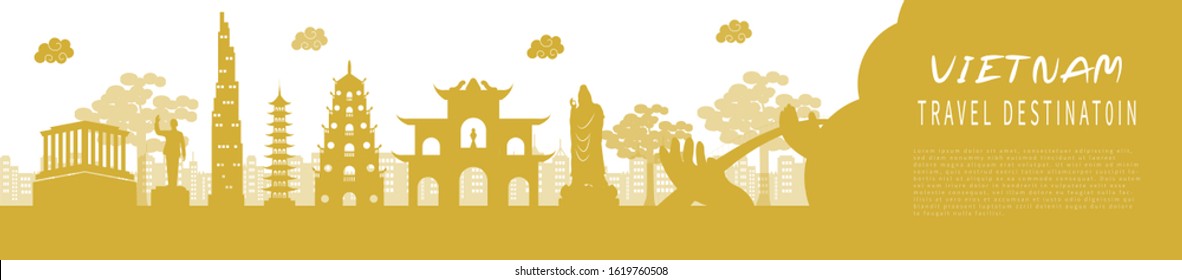 Advertising template with travel to Vietnam concept, world famous landmarks in paper cut style vector illustration