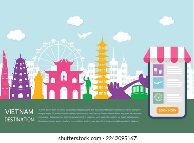 Advertising template with travel to Vietnam concept, Vietnam Destinations , famous landmarks with colorful elements. Application for booking on mobile. Flat style vector illustration.