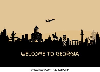 Advertising template with welcome to Georgia concept and world famous landmarks in silhouette style vector illustration.