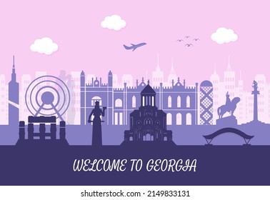 Advertising template with welcome to Georgia concept and world famous landmarks on pink background, Flat style vector illustration.