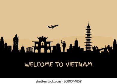 Advertising template with welcome to Vietnam concept, world famous landmarks in silhouette style vector illustration.