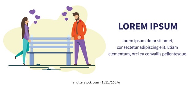 Advertising Text Banner with Couple Falling in Love. Cartoon Man and Woman Characters Standing near Park Bench. First Dating. Amorousness and Positive Feelings on Date. Vector Flat Illustration