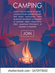 Advertising Text Banner Inviting Join to Camping. Cartoon Bonfire under Trees in Forest. Flat Natural Landscape and Starry Sky. Romantic Scene. Active Vacation and Rest on Nature. Vector Illustration