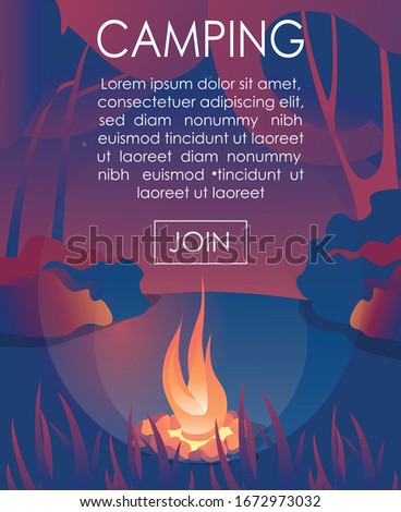 Advertising Text Banner Inviting Join to Camping. Cartoon Bonfire under Trees in Forest. Flat Natural Landscape and Starry Sky. Romantic Scene. Active Vacation and Rest on Nature. Vector Illustration