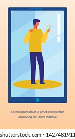 Advertising Text Banner with Man Using Smartphone. Guy Chatting in Social Network, Texting to Friends or Business Partners, Making Video Call. Flat Cartoon on Mobile Screen. Vector Illustration
