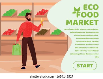 Advertising Text Banner Promoting Eco Food Market. Cartoon Bearded Man Standing with Handbag Full of Fresh Groceries. Organic Natural Food Advertisement. Vegetable Fruit Store Vector Illustration