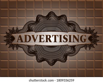 Advertising text inside Currency chocolate bar realistic badge. Brown chic background. Intense illustration. 