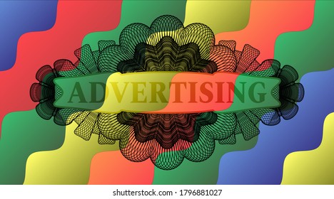 Advertising text inside Linear Colorful multicolored realistic badge. Curvy exquisite background. Intense illustration. 
