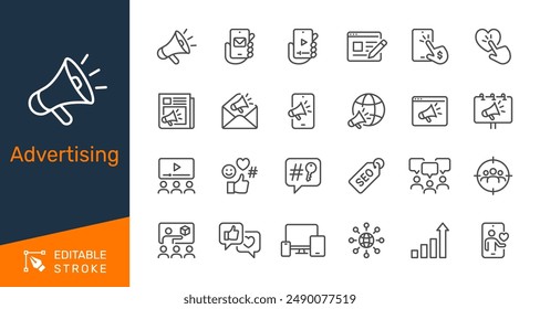 Advertising thin line icons. Editable stroke. Pixel perfect.