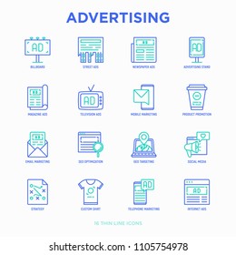 Advertising thin line icons set: billboard, street ads, newspaper, magazine, product promotion, email, GEO targeting, social media, strategy, custom shirt, internet, banner. Vector illustration.