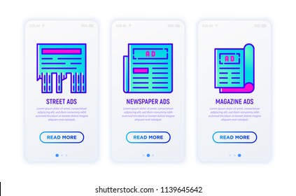 Advertising thin line icons set: street ads, newspaper, magazine. Modern vector illustration for user mobile app
