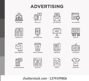 Advertising thin line icons set: billboard, street ads, newspaper, magazine, product promotion, email, GEO targeting, social media, strategy, custom shirt, internet, banner. Vector illustration.