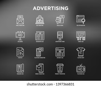 Advertising thin line icons set: billboard, street ads, newspaper, magazine, product promotion, email, GEO targeting, social media, strategy, custom shirt, internet, banner. Vector illustration.