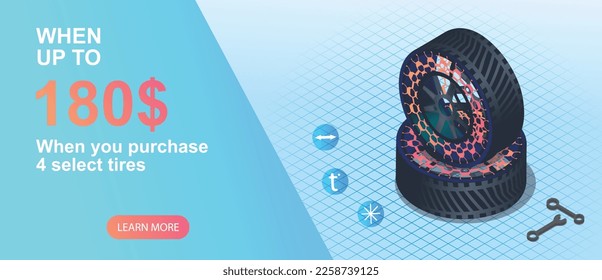 Advertising tire banner. Graphic element for website. Car care and repair, vehicle upgrades and tuning. Wheel with wrench, landing page design. Realistic isometric vector illustration