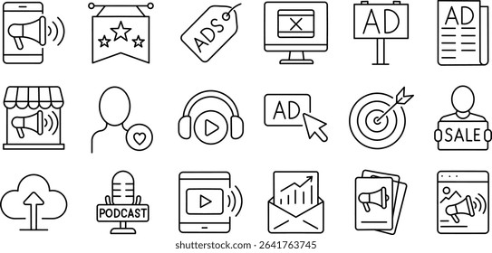 Advertising Tools Stroke Icon Collection. Modern Line Design of Targeting, Sale, Digital Promo, and Media Content.