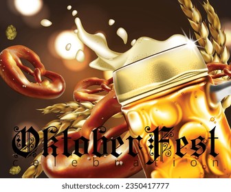 Publicidad del festival tradicional de cerveza Oktoberfest. Una taza de cerveza de espuma con salpicaduras y un pretzel. Una ilustración muy realista.