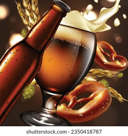 Publicidad del festival tradicional de cerveza Oktoberfest con un vaso de cerveza y pretzels. Una ilustración muy realista.