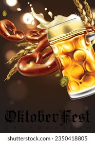 Werbung für das traditionelle Oktoberfest mit einem Glas Bier und Brezeln. Sehr realistische Abbildung.