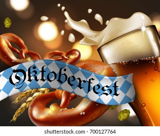 Advertising of the traditional Oktoberfest beer festival with a glass of beer and pretzels. Highly realistic illustration.