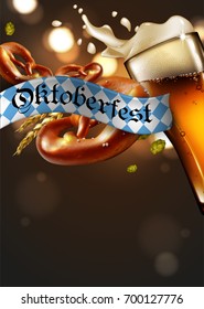 Advertising of the traditional Oktoberfest beer festival with a glass of beer and pretzels. Highly realistic illustration.