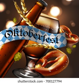 Advertising of the traditional Oktoberfest beer festival with a glass of beer and pretzels. Highly realistic illustration.