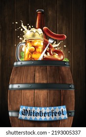 Advertising of the traditional Oktoberfest festival. Mug with foamy beer, sausages and pretzels  on a wooden barrel. Highly detailed illustration.