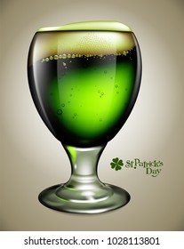 Advertising traditional St. Patricks Day with a transparent green glass of beer with bubbles and foam. Highly realistic illustration.