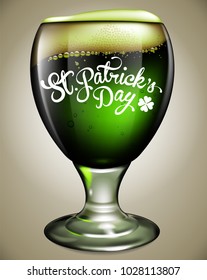 Advertising traditional St. Patricks Day with a transparent green glass of beer with bubbles and foam. Highly realistic illustration.