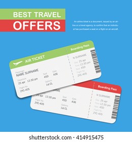 Advertising of the travel agency. Simple text on the banner "Best travel offers". Airline boarding pass tickets isolated on blue background. Vector flat design