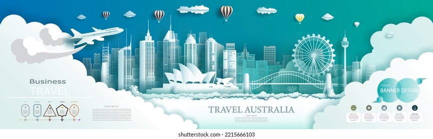 Advertising travel brochure Australia top world modern skyscraper and famous city architecture. Modern business brochure banner design for advertising with infographics.Tour Australia landmark.