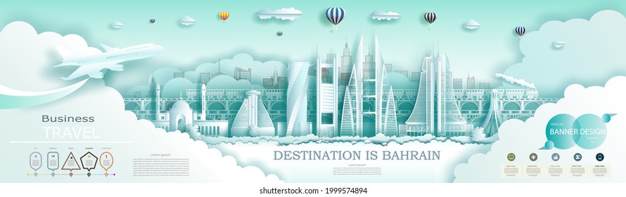 Advertising travel brochure Bahrain top world modern skyscraper and famous city architecture. Modern business brochure banner design for advertising with infographics.Tour Bahrain landmark of Asia.