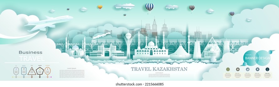 Advertising travel brochure Kazakhstan top world modern skyscraper and famous city architecture. Modern business brochure banner design for advertising with infographics.Tour Kazakhstan landmark.