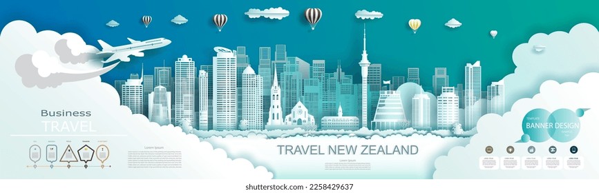 Advertising travel brochure New zealand top world modern skyscraper and famous city architecture. Modern business brochure banner design for advertising with infographics.Tour New zealand landmark.