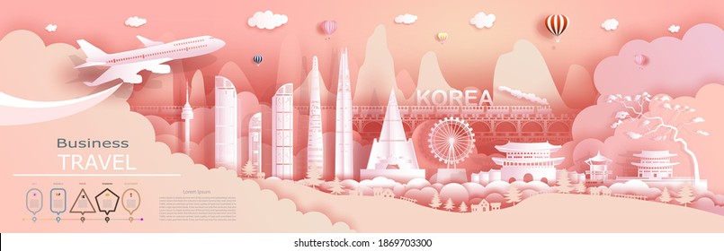 La compañía de viajes publicitarios va a Corea de los más famosos del mundo. Presentación turística, diseño, plantilla, banner, boleto, negocios, folleto para publicidad. Ilustración vectorial de asia con corte de papel.