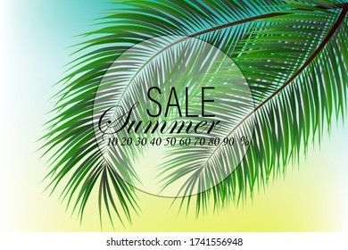 
Advertising travel poster design. Summer sale, frame decorated with vector palm leaves  on a blue background