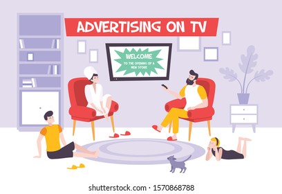 Advertising tv flat composition of living room interior with relaxing family and television set showing advertisement vector illustration