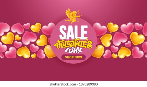 Advertising vector banner for Valentines Day sale. Bright design for store promotion. Invitation to good shopping on Valentine holidays. Golden cupid, hearts, text and calligraphy on pink background.