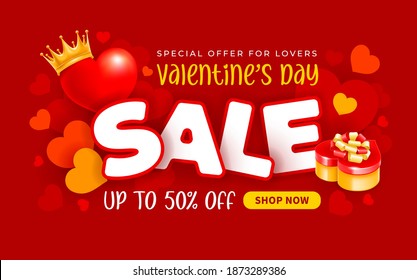 Advertising vector banner for Valentines Day sale. Bright design for store promotion. Invitation to good shopping on holidays. Golden crown, hearts and gift box in heart shape on red background.