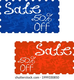 Werbe-Vektorcoupons in orangefarbenen und blauen Farben mit einem Rabatt von 50 %.
