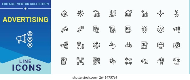 Advertising vector icon set. Related to ads, business, campaign, market and more. Marketing linear icon collection. Outline icons pack. Pixel perfect. Editable stroke.