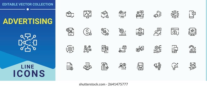 Advertising vector icon set. Related to ads, business, campaign, market and more. Marketing linear icon collection. Outline icons pack. Pixel perfect. Editable stroke.