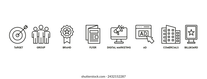 Advertising vector illustration concept with icons of target group brand flyer digital marketing commercials and billboard