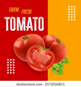  Advertising vector illustration of fresh red tomatoes with green parsley stems and bold text “Farm Fresh Tomato” on red-yellow background.  Suitable for food or organic theme.