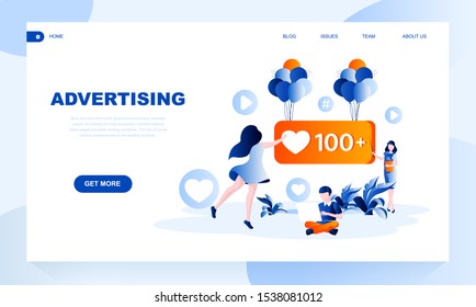 Advertising vector landing page template with header. Successful promotion web banner, homepage design with flat illustrations. SMM strategy. Business project creative idea website layout