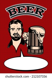 advertising vector retro poster with men and glass of beer