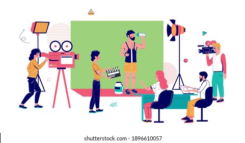 Advertising Video Production, Flat Vector Illustration. Film Crew Creating Professional Advertisement Of Sport Nutrition Product. Videography, Tv Commercial Advertising.