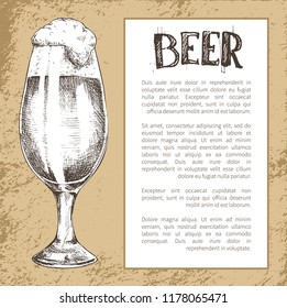 Advertising vintage poster in sketch style with text in frame for brew house. Hand drawn full tulip beer glass with spilling foam vector illustration.