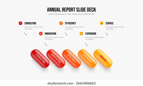 Publicidad Visualización Diseño de presentación de diagrama de cinco opciones. Ilustración vectorial de Plantilla de diapositivas de desarrollo de proyecto. Innovación de marketing Diseño de marco de infografía de 5 pasos.