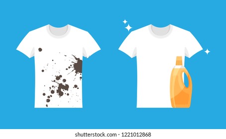 Advertising of washing powder and detergent. Clothes before and after wash. Flat blank and dirty t-shirt. Mock up of white shirts isolated on blue background.