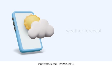 Advertising of weather forecast phone application. 3D smartphone with weather symbol on screen